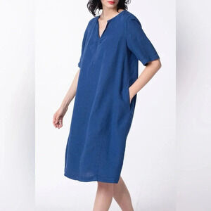 MARVIN‎ BROWNE LONDON Spitalfields Navy Blue Linen Shift Dress Pockets L